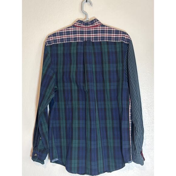 Izod Plaid Mixed Patchwork Button Down Fun Shirt Men Medium Green Blue Tartan - Picture 2 of 8